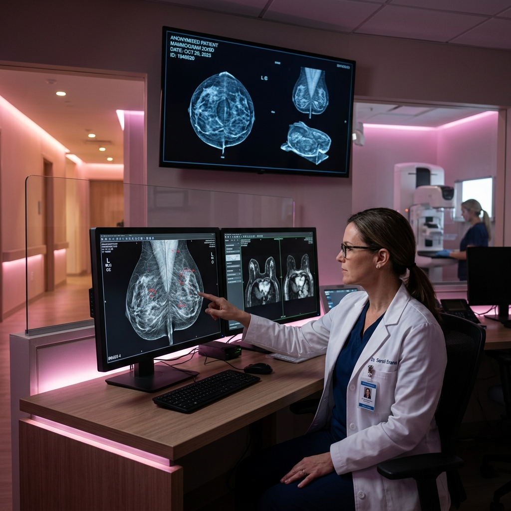 Medical oncologist reviewing a patient's cancer scans and treatment plan