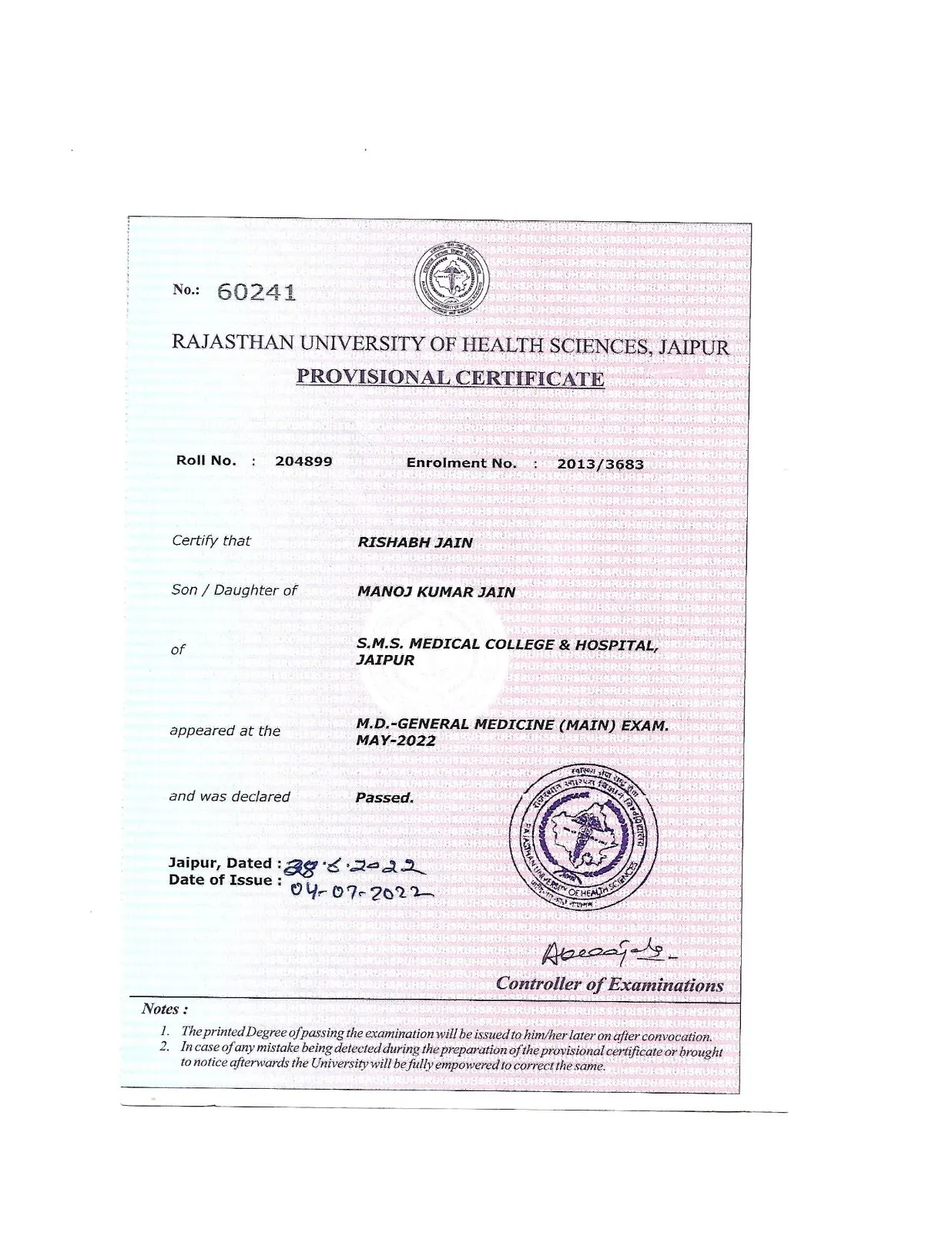Dr. Rishabh Jain Provisional Certificate